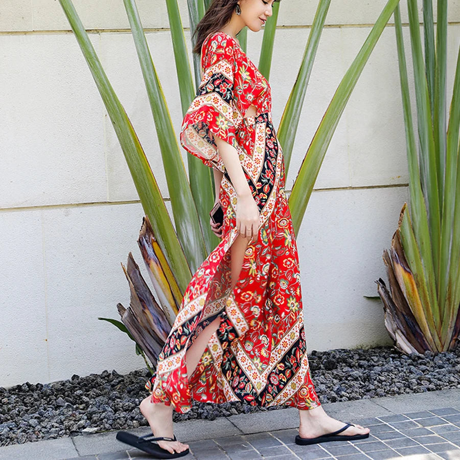 AYUALIN sexy backless women dresses cotton orange floral print boho dress v-neck Side slit maxi dress summer Dresses Vestidos