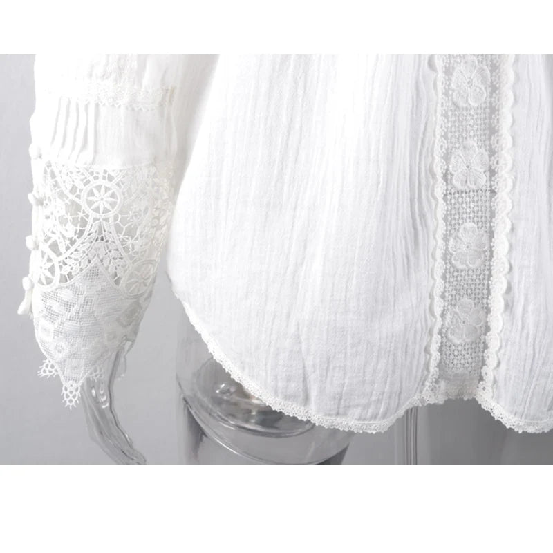 AYUALIN long sleeve white floral lace V-neck Blouses cotton Shirt Casual autumn blouse high quality Women boho Clothing blusas