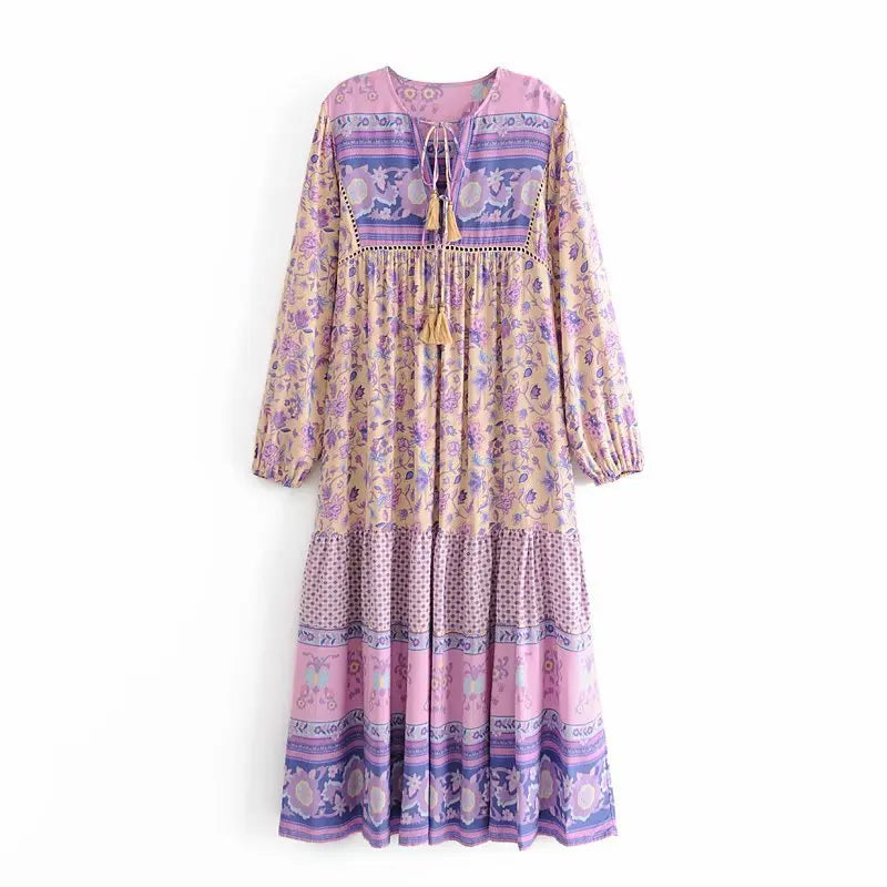 AYUALIN long sleeve beach boho tunic Dress Rayon cotton floral pirnt loose long dresses women vintage autumn robe vestidos