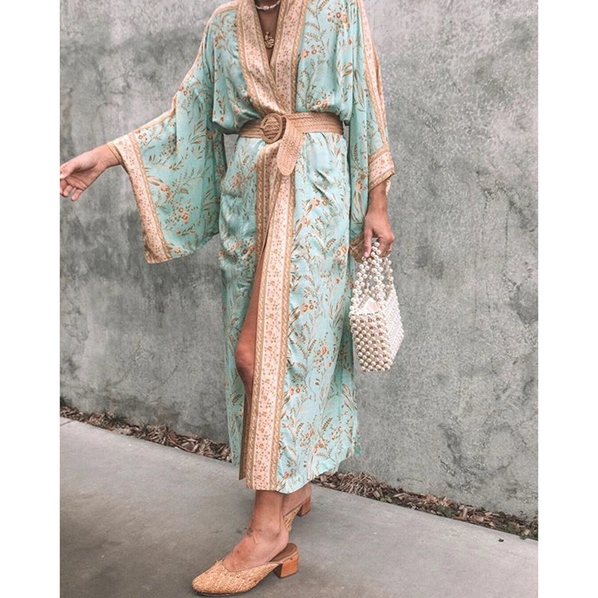 AYUALIN Kaftan women dress floral print Kimono long Sleeve Autumn dress Sexy V-neck Loose Belt Cardigan Rayon Dresses boho robe