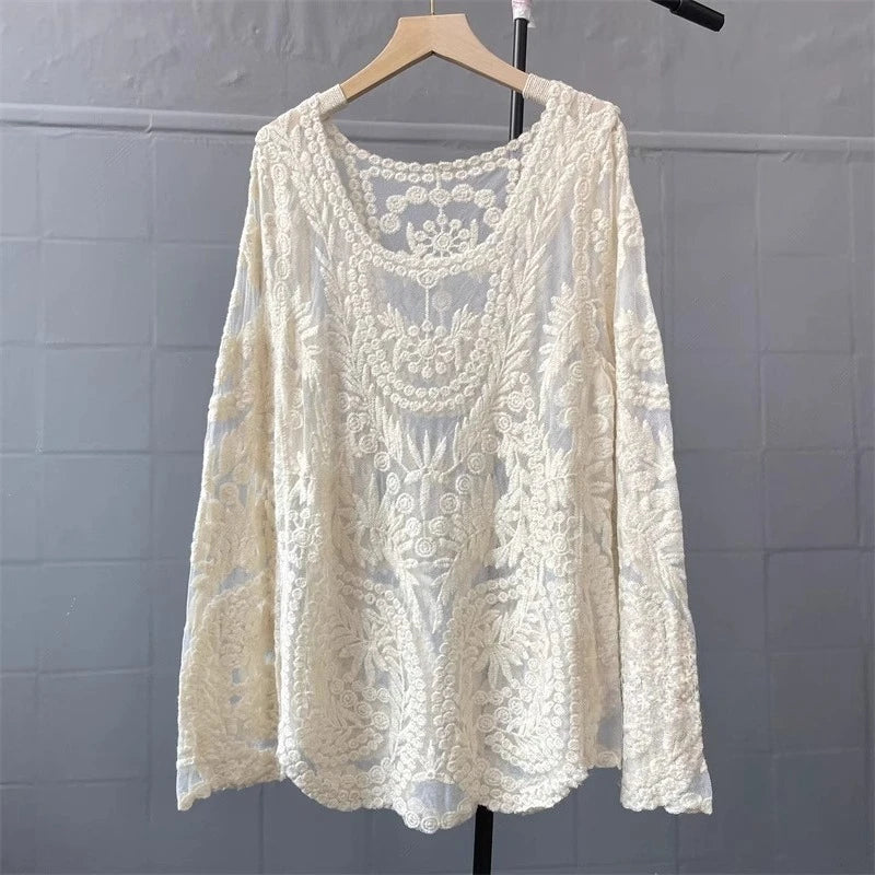 Boho Beach Lace Blouse Swim Cover-up Summer Sexy Floral Embroidery Robe Long Sleeve For Women Blouses Shirts Lace Blouses Tops