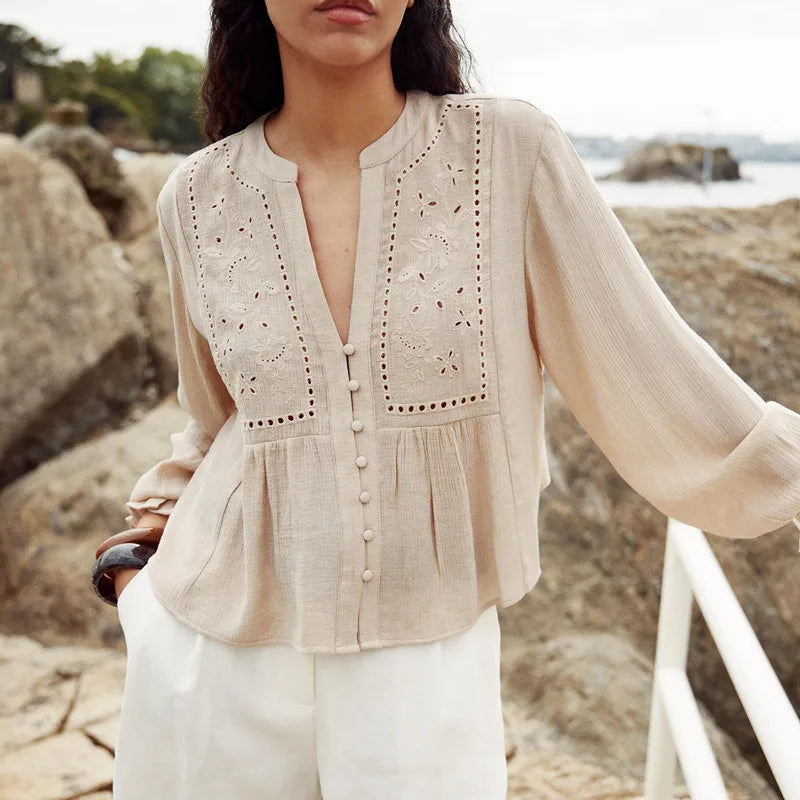 Floral Embroidery Cotton Blouses Shirts for Women Tops Casual Lantern Long Sleeve Boho Beach Blouse Shirt Spring Autumn Blusas