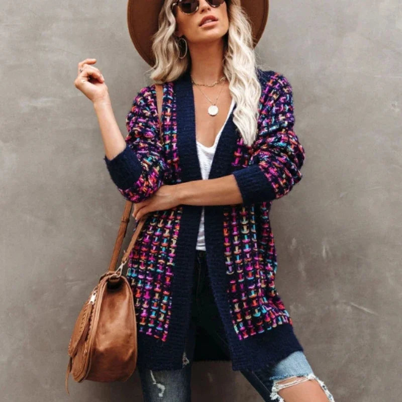 AYUALIN Women's Sweater Knitted Cardigan Winter Vintage Plaid Jacquard Knit Long Cardigans Knit Warm Sweaters Women Coats