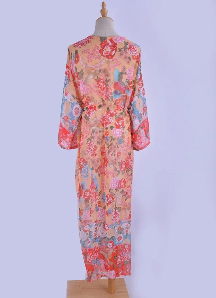 AYUALIN Red Chiffon Floral Print Long Women Dress Boho Beach Cover Up Robe Cover Ups Mujer Bikini Beachwear Tunic Kaftan Dresses