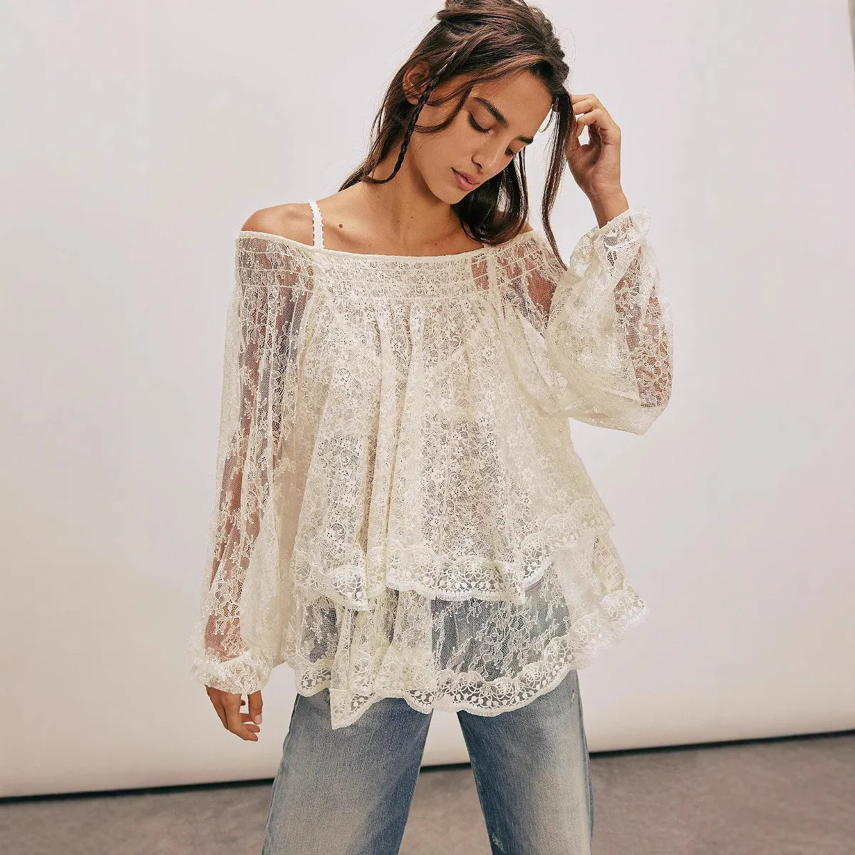 Oversize Loose Bow Lace-up Back Floral Lace Blosues Shirts for Women Tops Ruffles Lantern Long Sleeve O Neck Boho Beach Blouse