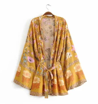 AYUALIN Short Kimono Cardigan Autumn Robe Yellow Floral Print Flare Long Sleeve Gypsy Beach Summer Loose Bohemian Women Blouses