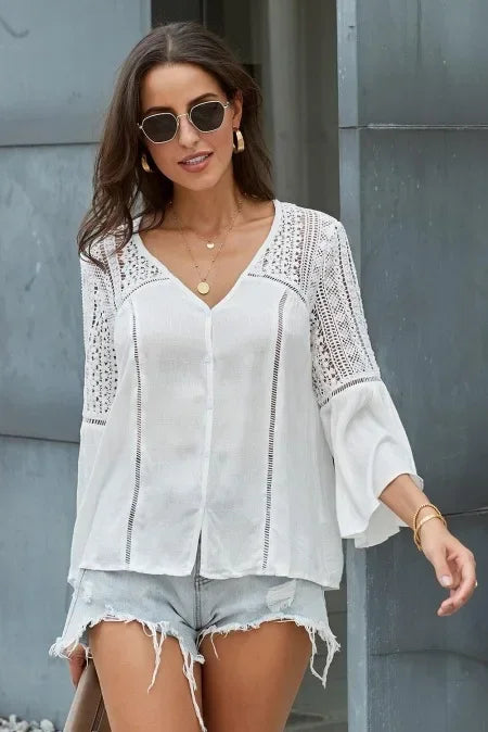 AYUALIN White Flare Sleeve Lace Blouses Women Top Vintage V Neck Hollow Summer Blouse Shirt 2025 Casual Boho Blusas