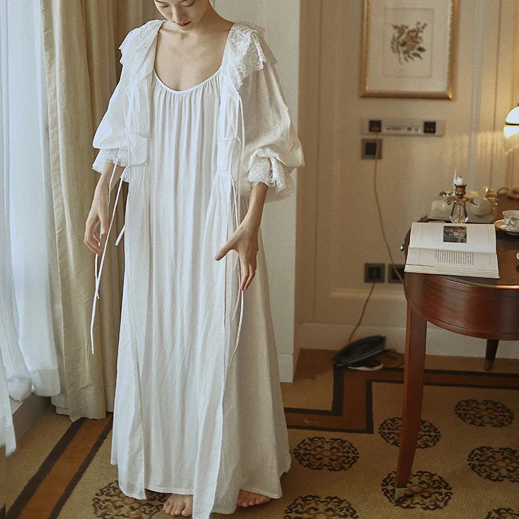 Gypsy Boho Lace Puff Long Sleeve Dresses Women Vintage 100%cotton Loose Sleepwear Dress Good Night Spring Summer Vestidos Robe