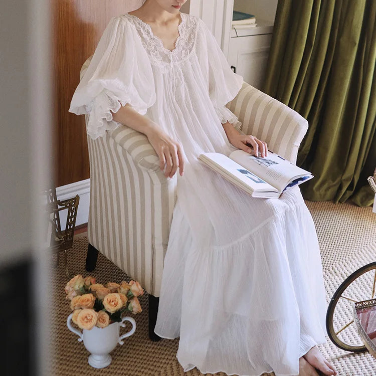 Elegant Cotton V Neck Lace Dresses Women Nightgowns White Casual A-line Loose Spring Summer Long Dress Bohemian Robe Vestidos