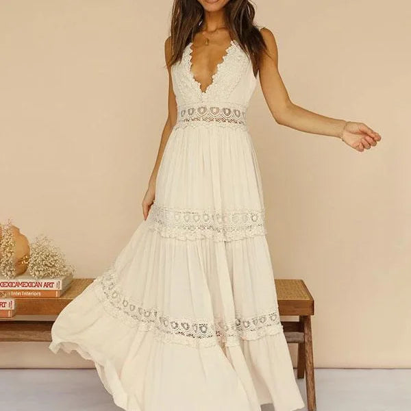 Floor Length Maxi Dresses for Women Robe Boho Beach Wear Deep V-neck Backless Cotton Rayon Lace Dress Summer Party Vestidos