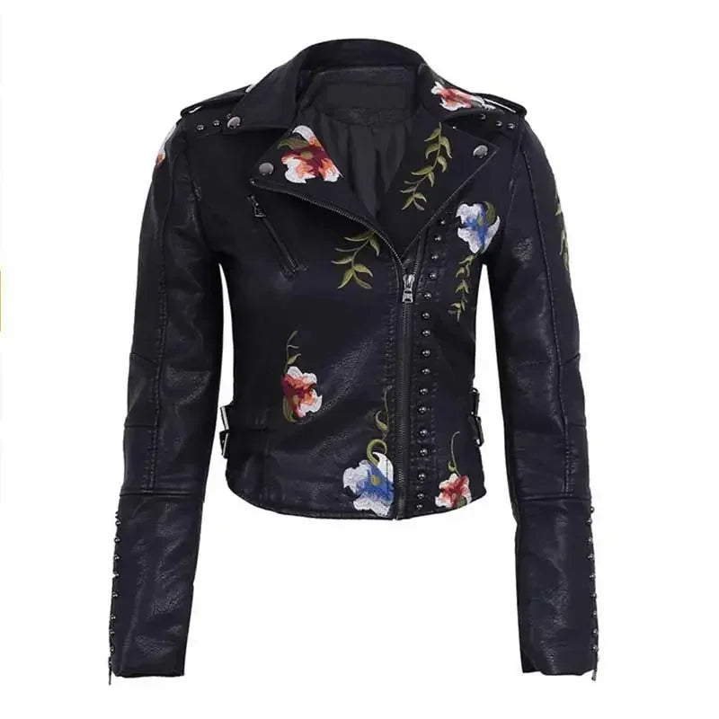 AYUALIN Long Sleeve Boho Leather Jacket Women Coat Floral Embroidery Vintage Rivet Zipper Spring Autumn Black Biker Moto Jackets