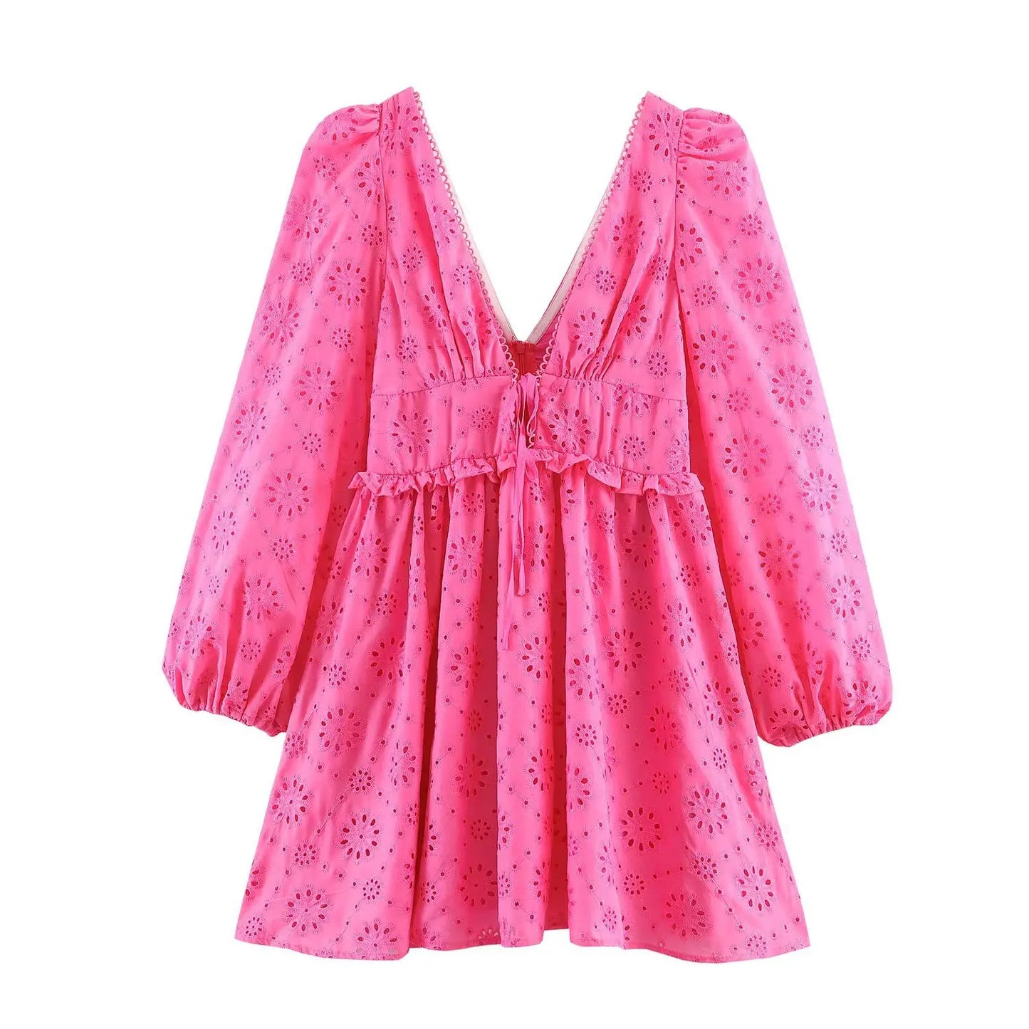Cotton Floral Embroidered Lace Mini Dresses Women's Robe Vintage Hollow Out Sexy Deep V-neck Puff Long Sleeved Party Women Dress