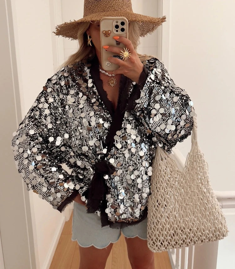Boho Chiffon Sequin Splicing Jackets Women's Blouses Shirts Oversize Loose Long Sleeve Holiday Jacket Lace-up Beach Wear Outfit