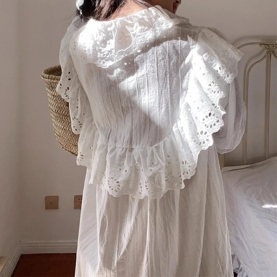 Flare Long Sleeve Ruffles Dress For Women Robe Cotton White Floral Embroidery Lace Dresses Oversize Casual Autumn Boho Vestidos