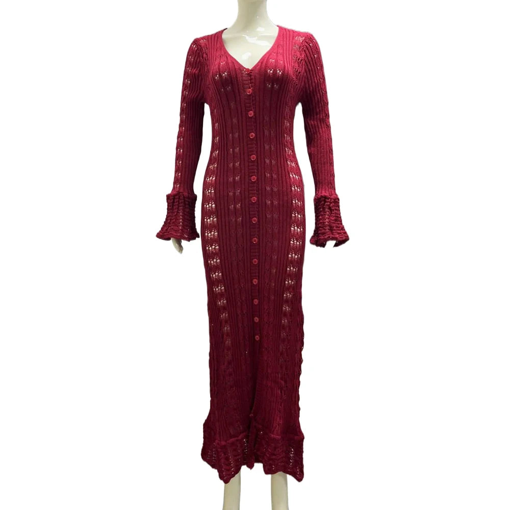 Cotton Knitted Hollow Out Dress Summer Flare Long Sleeve Cardigan Maxi Dresses Women Robe Vintage Slim Fit Boho Beach Vestidos
