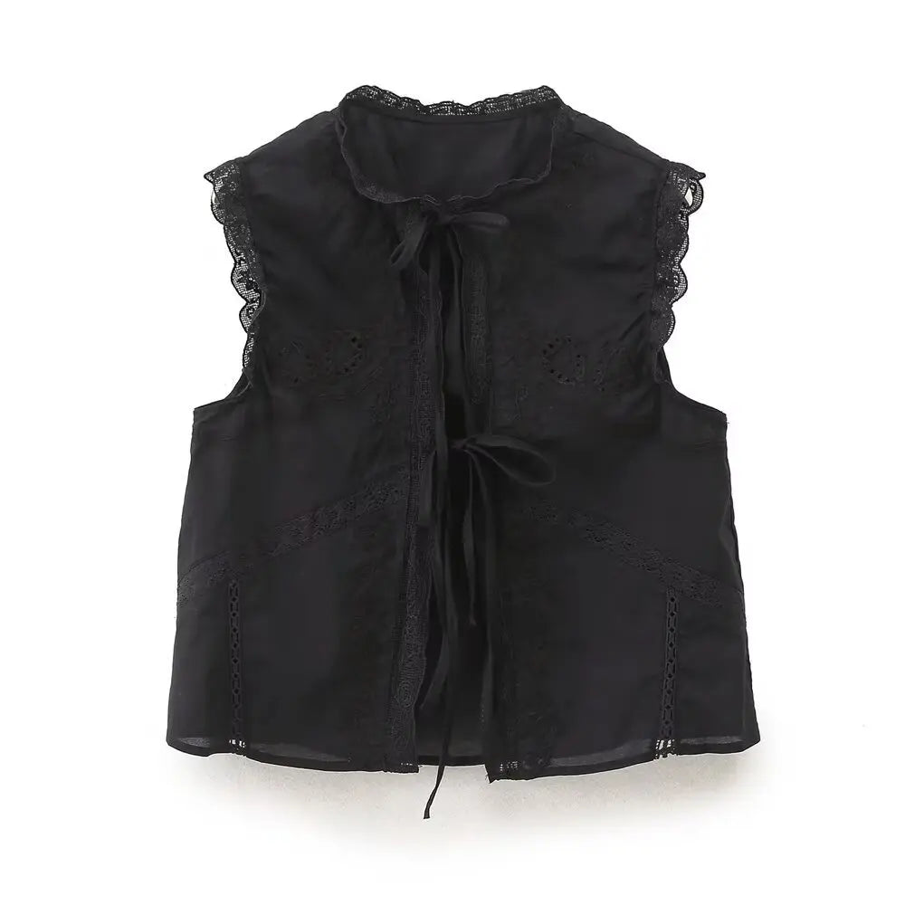 Sleeveless Lace-up Summer Blouse Cotton Floral Embroidered lace Blouses Shirts Women Tops Vintage Boho Beach Wear Casual Blusas