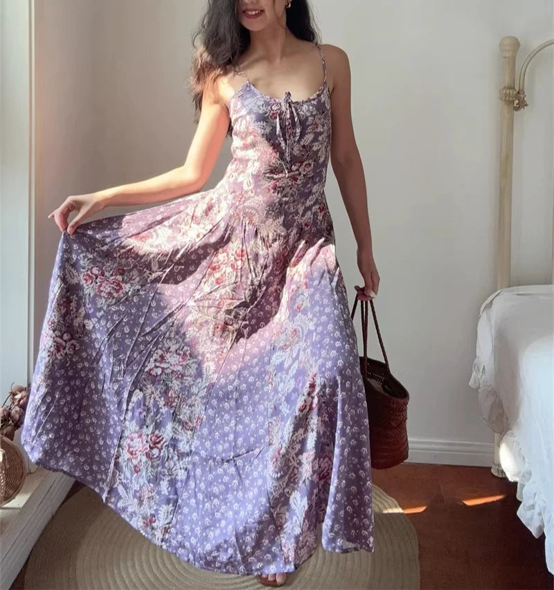 Bohemian Strappy Dresses for Women Summer Cotton Rayon Lavender Floral Printed Sexy Sleeveless Dress Boho Beach Robe Vestidos
