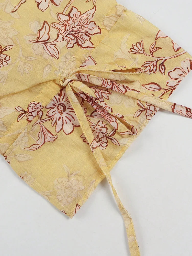 Chic Yellow Floral Printed Blouses Shirts for Women Tops Casual Lace-up Flare Long Sleeves Blouse Summer Boho Beach Loose Blusas
