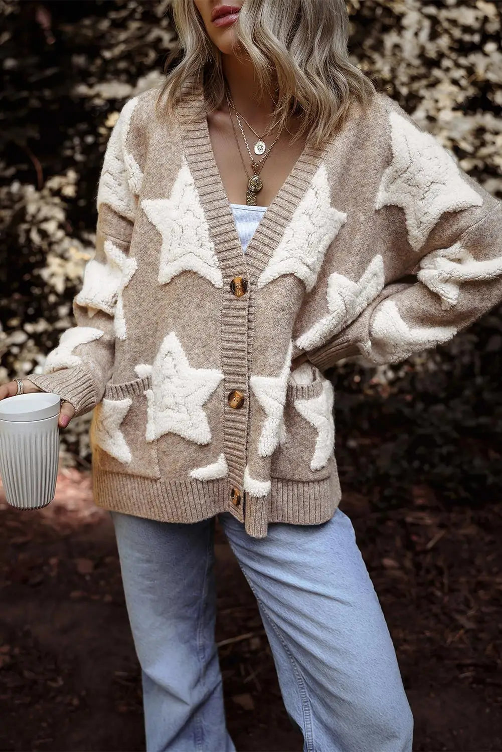 Casual Knitted Thick Autumn Winter Warm Sweaters Coat for Women Jacket Star Pattern Long Sleeve Loose Ovesize Sweater Cardigan