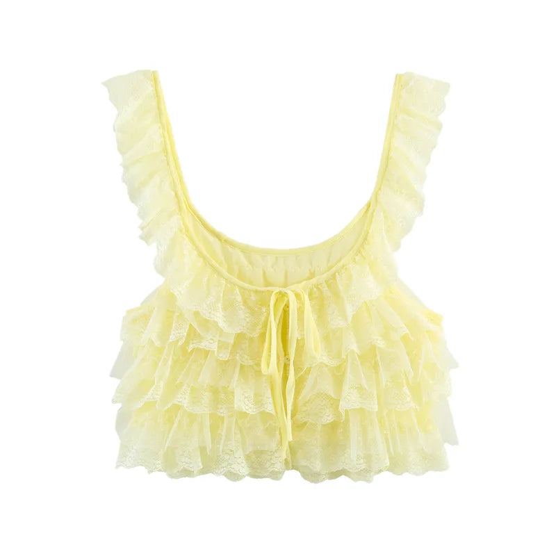 Creamy Lace Ruffled Layered Strappy Top Women Blouses Vintage Sleeveless O Neck Cropped Camisole Boho Beach Sheer Tanks Tops