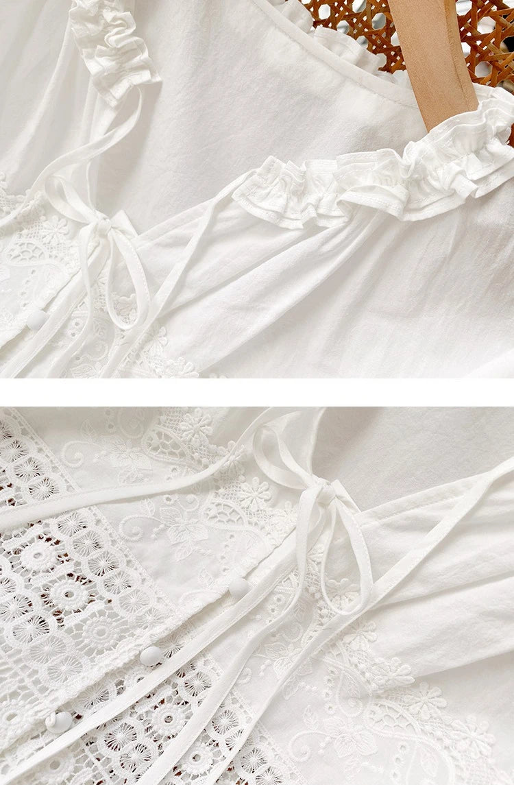 Boho Autumn Floral Lace Women's Shirt Puff Long Sleeve A-line Loose Blouses Shirts White 100% Cotton Lace-up Blouse Ladies Tops