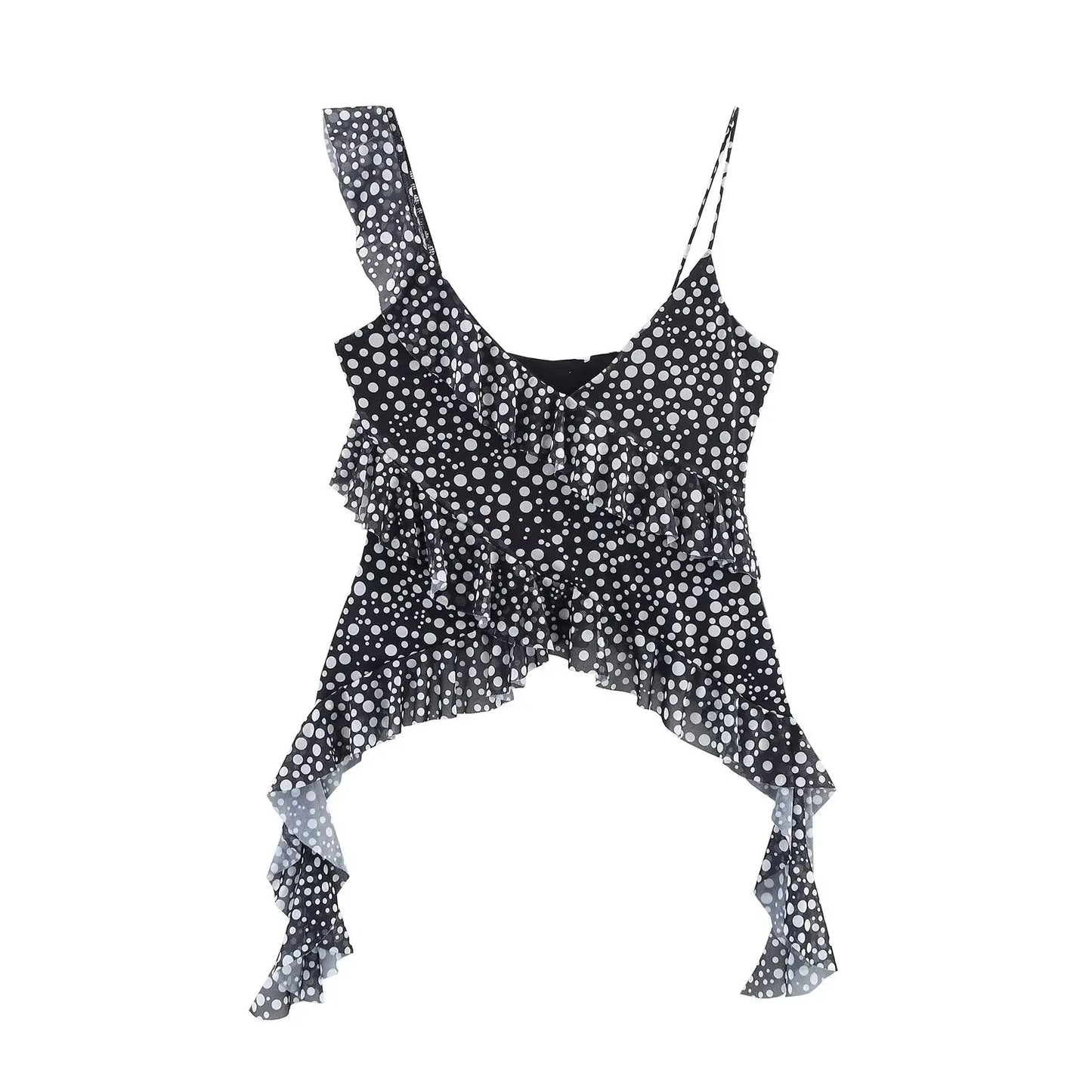 Boho Mesh Floral Printed Tank Top Women Camis Ruffles Sleeveless Sexy Deep V Neck Knitted Camis Strap Blouse Summer Mesh Tops