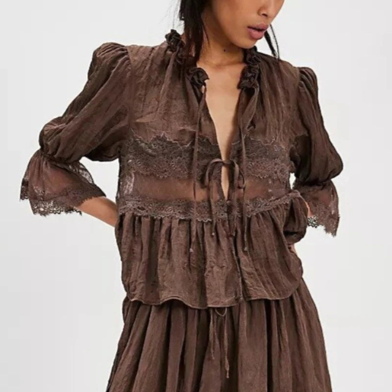 Lace Blouses Shirts for Women Tops Summer Vintage V-Neck Puff Sleeve Loose Fit with Buttons Causal Blouse Cotton Bed Jacket Top