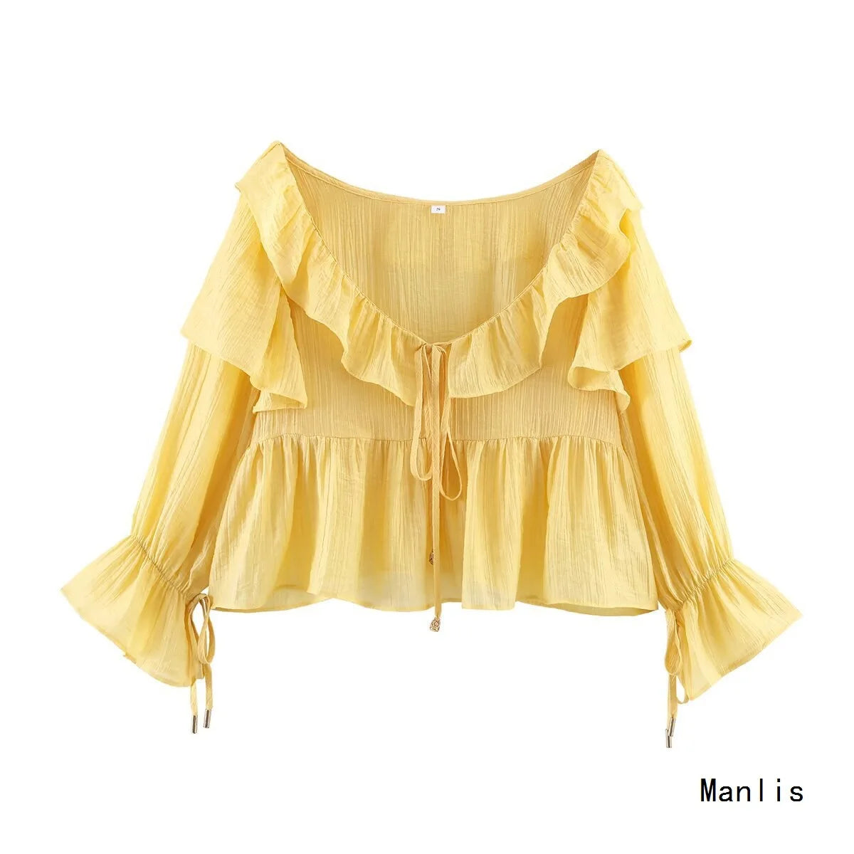 Ruffle Off Shoulder Lace-up Blouses Shirts Women Tops Yellow Casual Ruffles Flare Sleeves Spring Summer Blouse Boho Beach Shirt