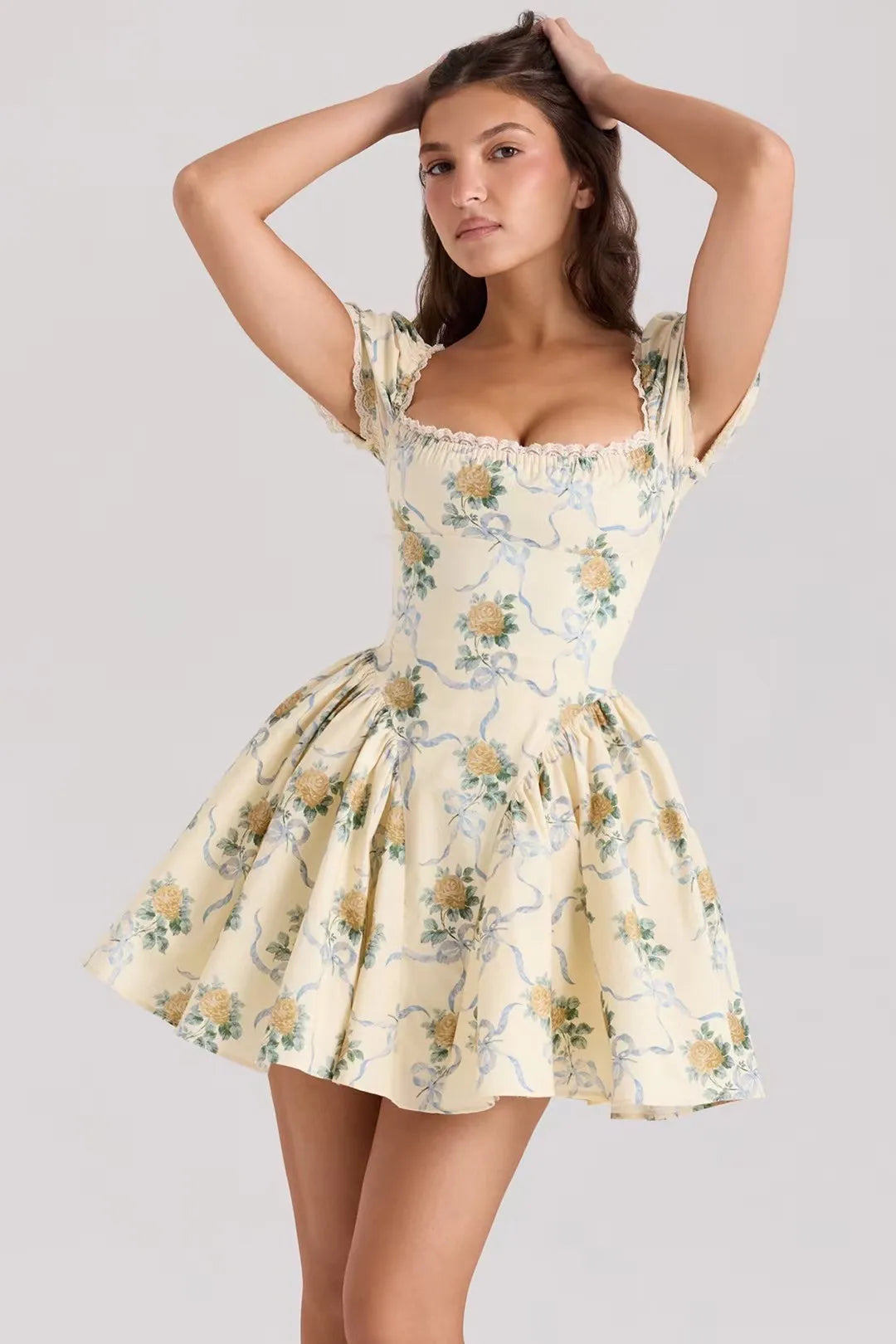 Lovely Mini Dresses for Women Summer Vintage Sexy V Neck Short Puff Sleeve Lace-up Back Waist Print Dress Party Female Vestidos