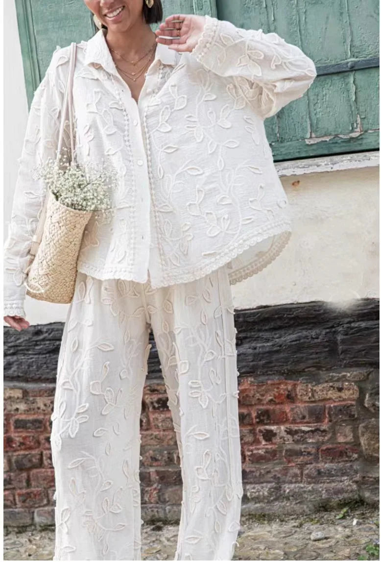 Boho Long Sleeved Blouse Shirt Wide Leg Pants Lace Women Suit White Cotton Foral Jacquard 2 pieces Set Lazy Loose Casual Outfits