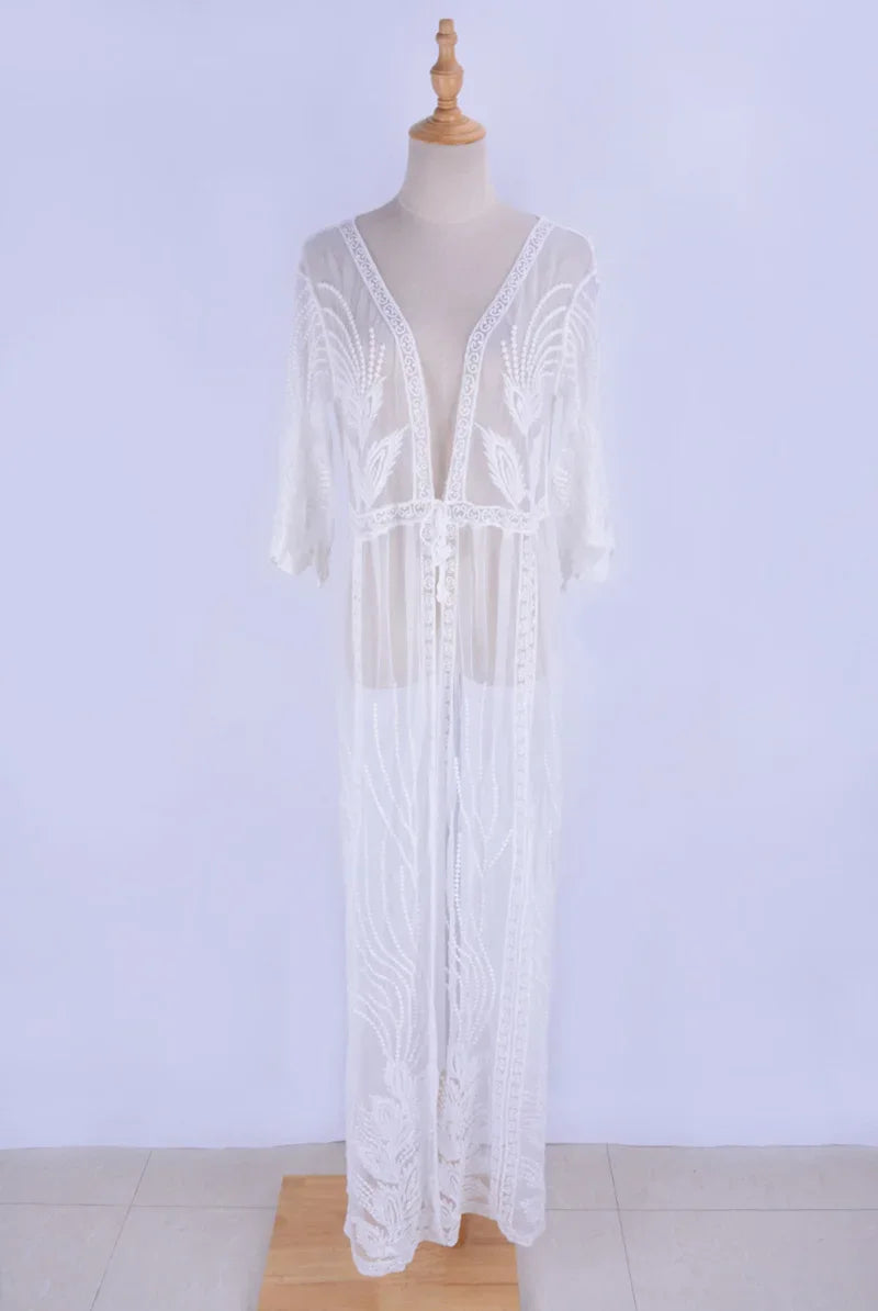 AYUALIN Lace Bikini Cover Up Sexy See Through Kimono Robe Women Dress Vintage White Floral Embroidery Beach Boho Summer Vestidos