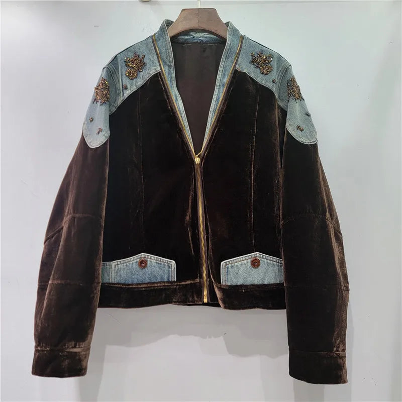 Vintage Velvet Coat Jacket for Women Autumn Patchwork Denim Long Sleeve V Neck Jackets Bead Embroidery Elegant Outerwear Coats