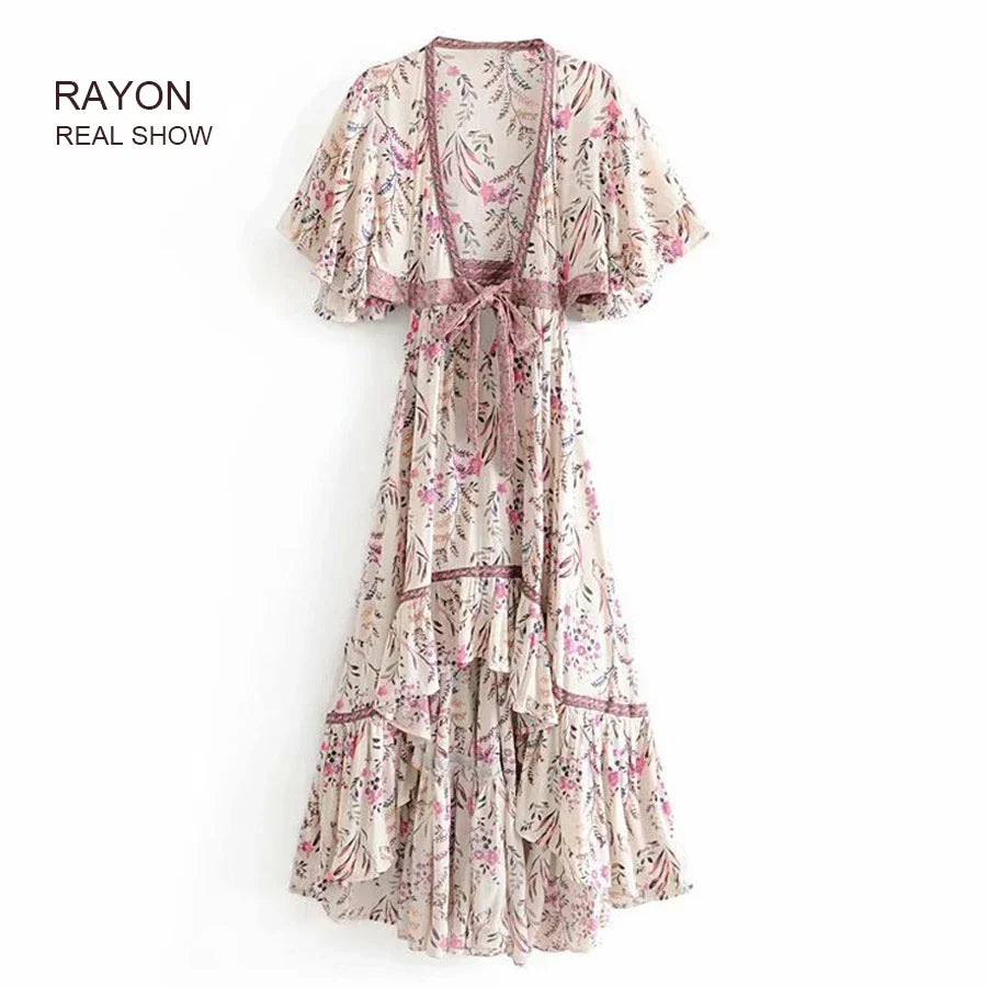 AYUALIN Sexy Irregular Dress for Women Deep V-neck Boho Dress Adjustable Belt Floral Print Summer Dresses Gypsy Dresses Vestidos