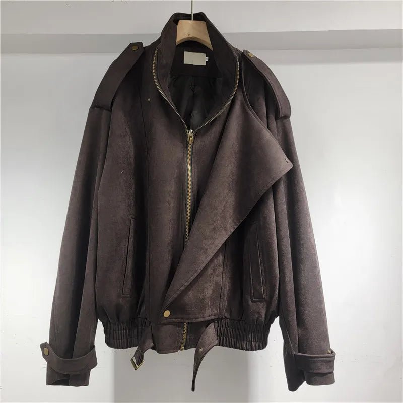 Oversize Brown Premium Suede Jacket for Women Coats Spring Autumn Long Sleeve Leather Fashion Short Jackets Casual Top Outwear