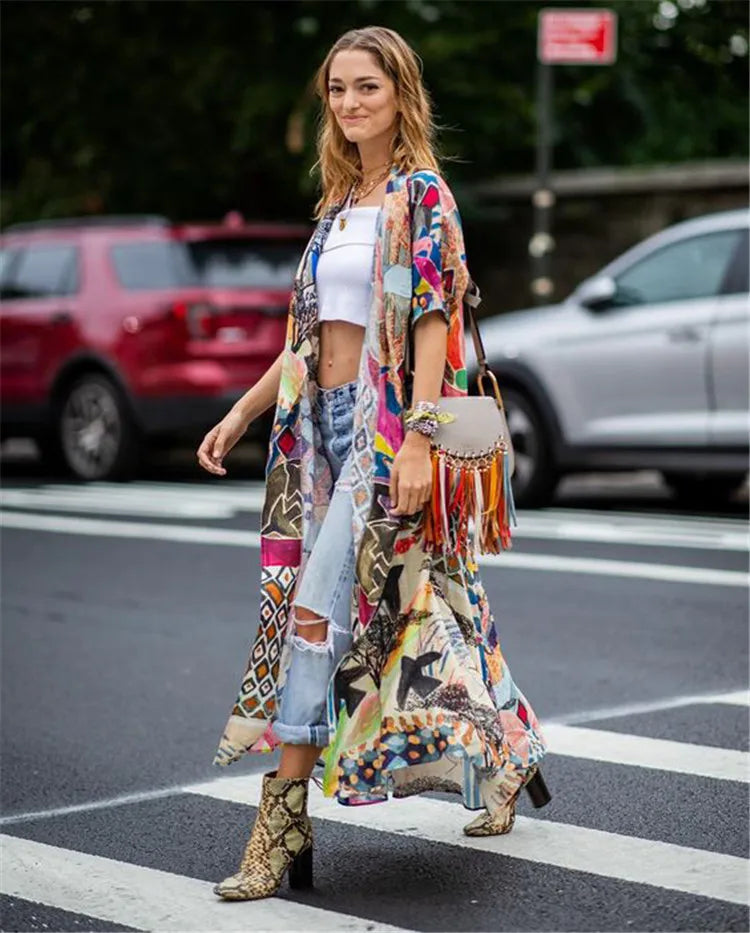 Long Cardigan for Women Kaftan Robe Light Green Cotton Rayon Floral Embroidery Beach Wear Blouse Long Sleeve Loose Boho Vestidos