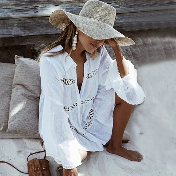 AYUALIN white long sleeve blouse shirt women beach wear cover up summer cotton rayon boho tunic robe vestidos swim coverup