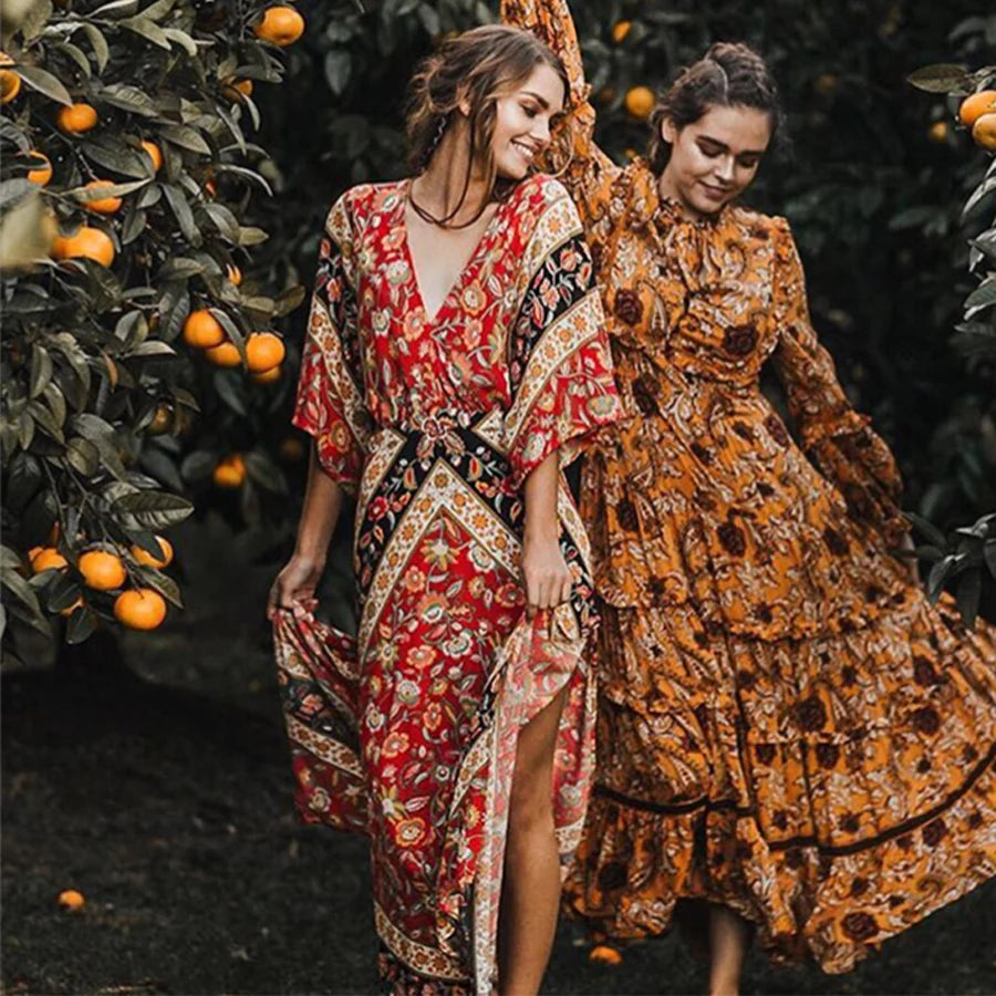 AYUALIN sexy backless women dresses cotton orange floral print boho dress v-neck Side slit maxi dress summer Dresses Vestidos