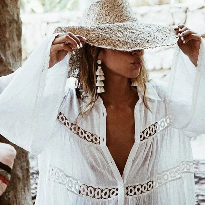 AYUALIN white long sleeve blouse shirt women beach wear cover up summer cotton rayon boho tunic robe vestidos swim coverup