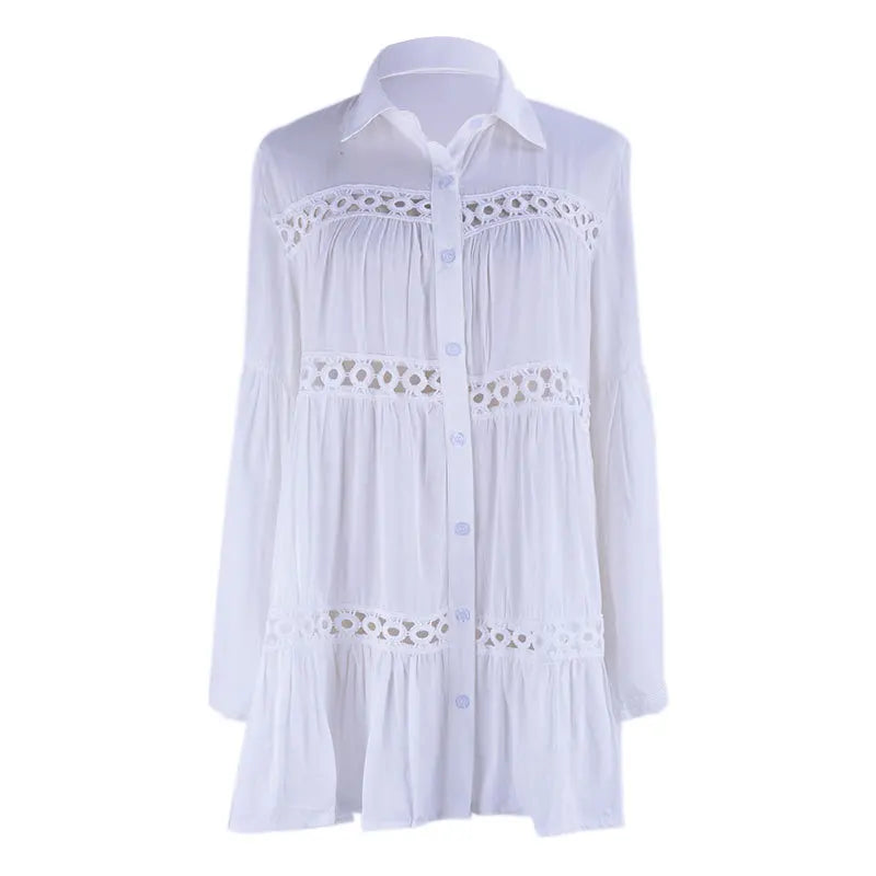 AYUALIN white long sleeve blouse shirt women beach wear cover up summer cotton rayon boho tunic robe vestidos swim coverup