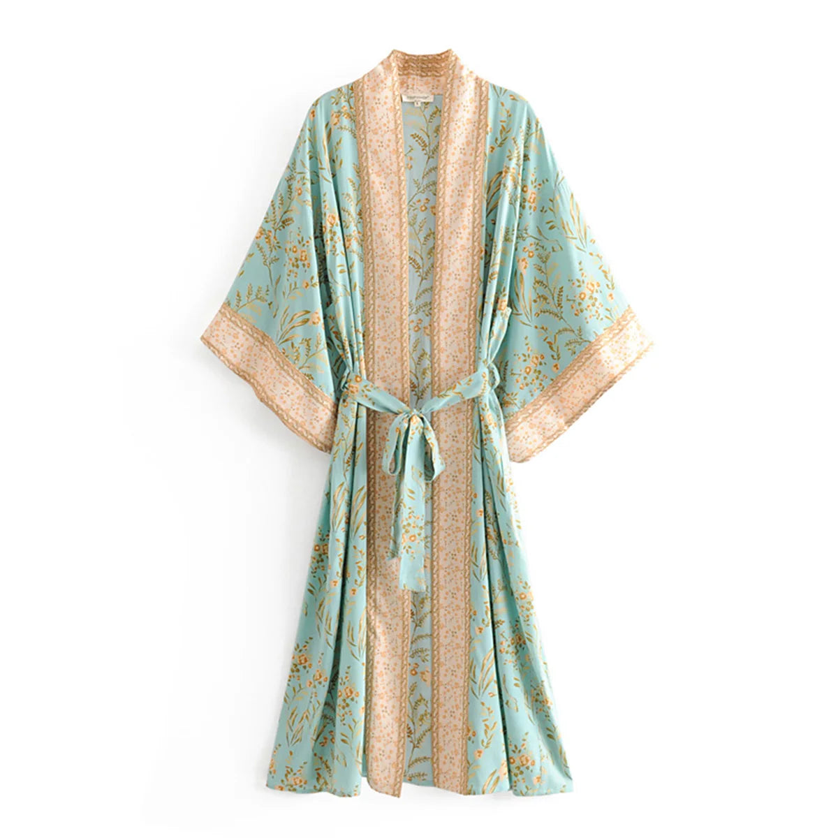AYUALIN Kaftan women dress floral print Kimono long Sleeve Autumn dress Sexy V-neck Loose Belt Cardigan Rayon Dresses boho robe