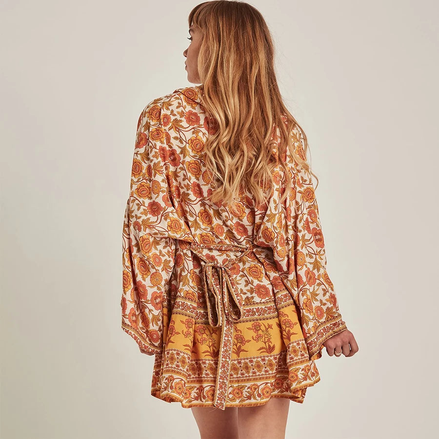 AYUALIN boho swim cover up women Cardigan blouse shirt yellow floral print Kimono sleeve summer blouses beach blouse Blusa robe