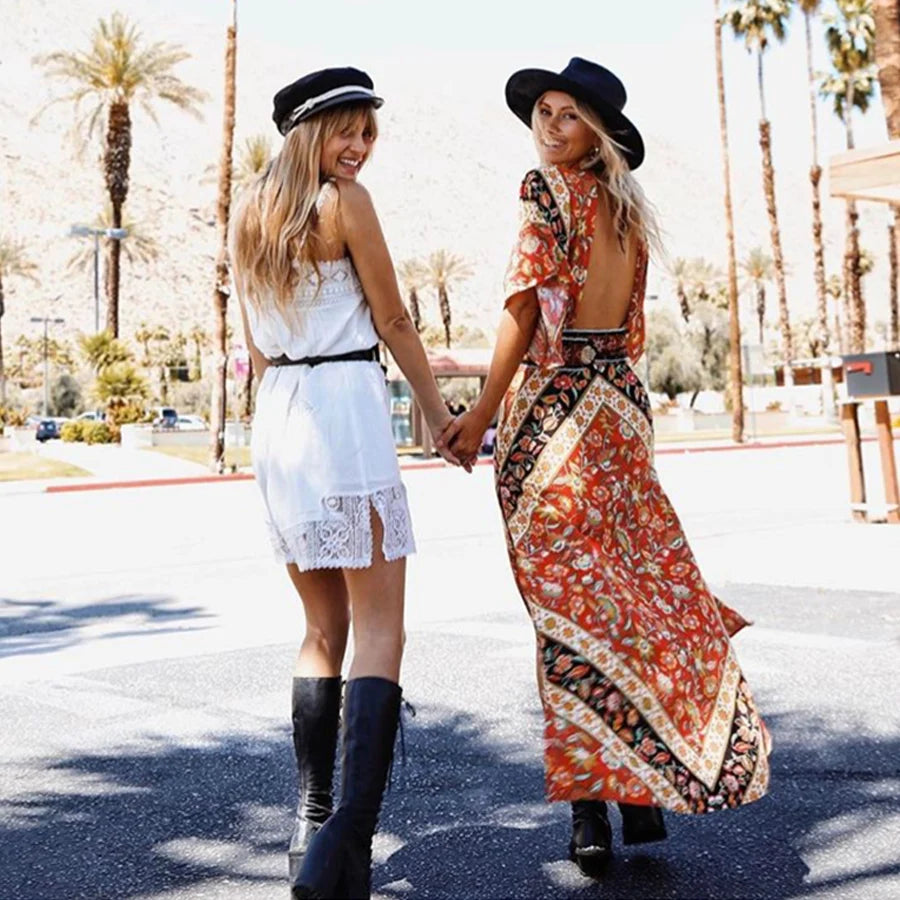 AYUALIN sexy backless women dresses cotton orange floral print boho dress v-neck Side slit maxi dress summer Dresses Vestidos
