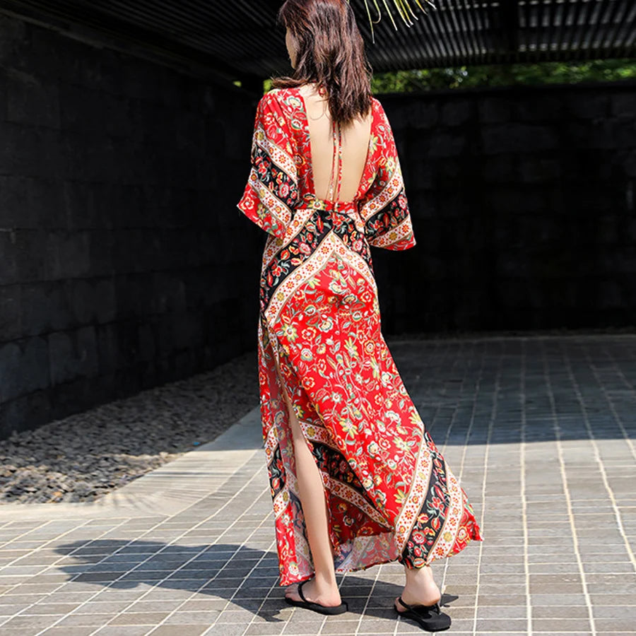 AYUALIN sexy backless women dresses cotton orange floral print boho dress v-neck Side slit maxi dress summer Dresses Vestidos