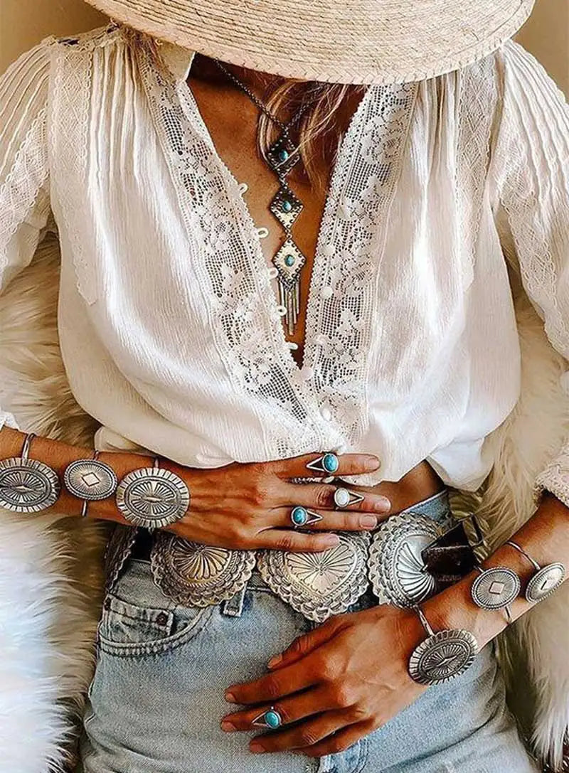 AYUALIN long sleeve white floral lace V-neck Blouses cotton Shirt Casual autumn blouse high quality Women boho Clothing blusas