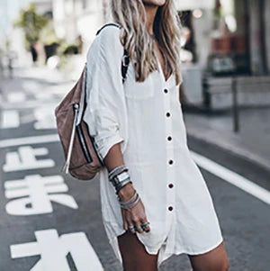 AYUALIN White Beach Cover up women blouses shirt Cotton Kaftan Beach wear Tunics long sleeve Bikini coverup boho femme top blusa