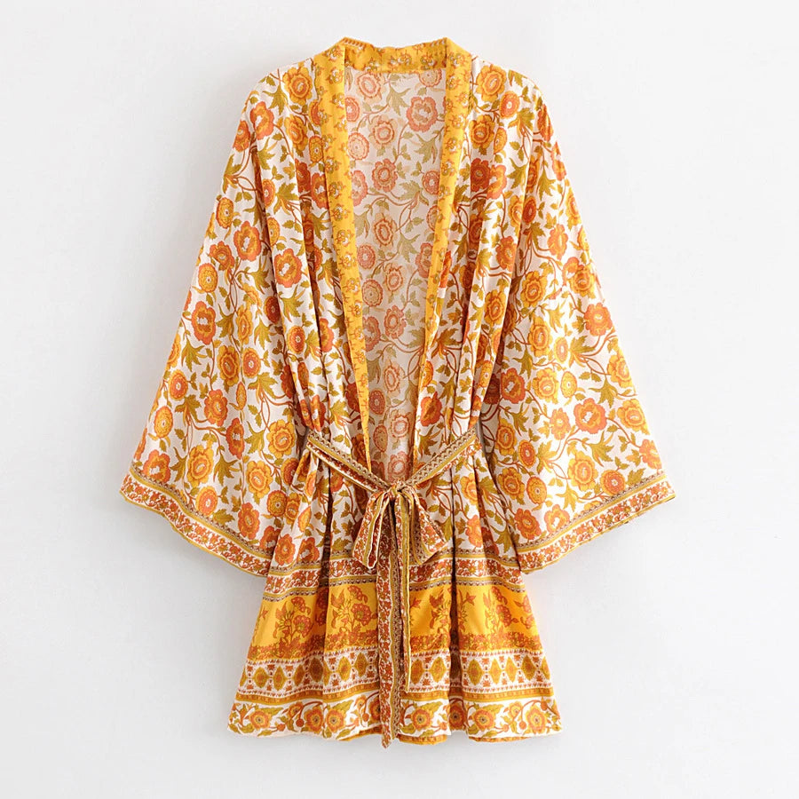 AYUALIN boho swim cover up women Cardigan blouse shirt yellow floral print Kimono sleeve summer blouses beach blouse Blusa robe