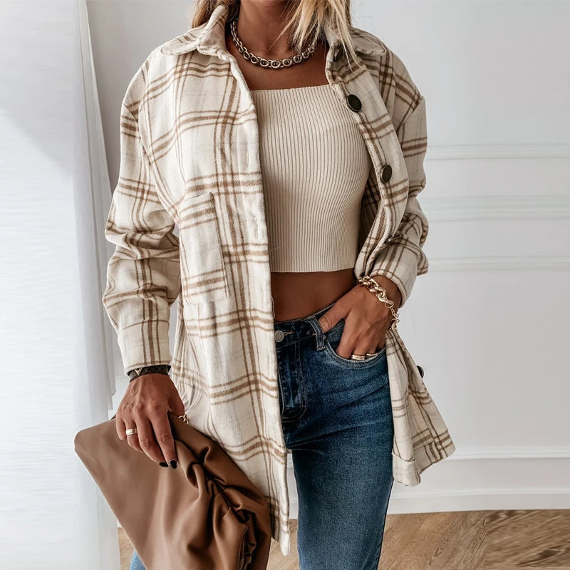 AYUALIN Long Sleeve Plaid Overshirt Women's Jacket Vinatge Loose Casual Boho Autumn Warm Coats 2025 Streetwear Oversized Outwear