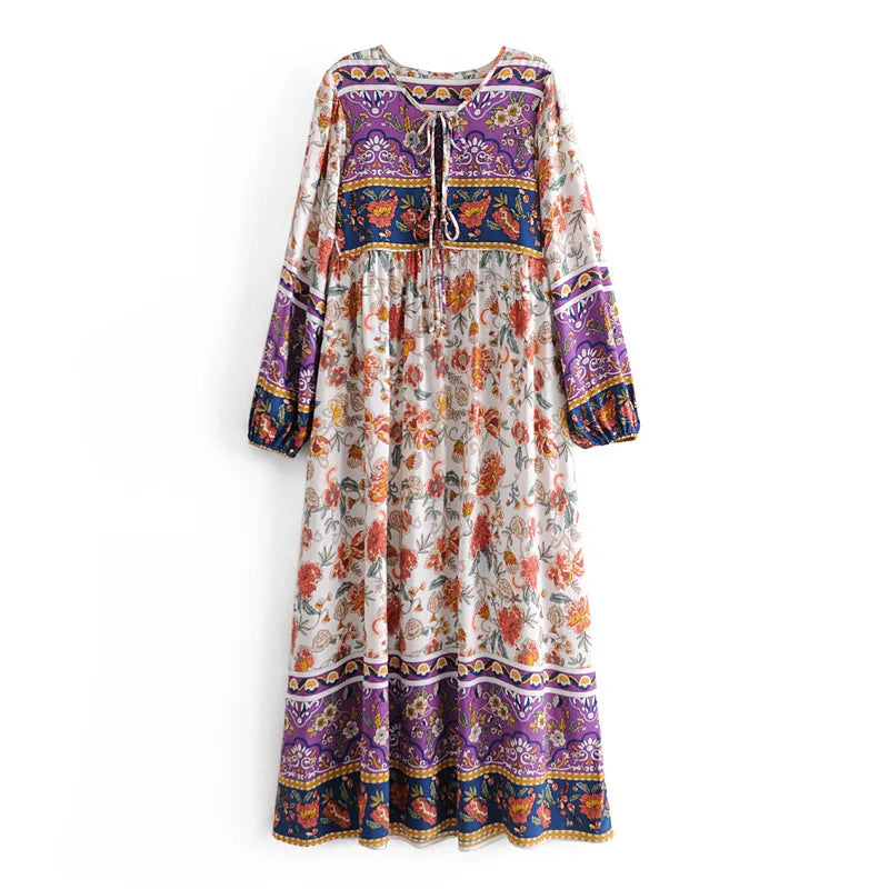 AYUALIN long sleeve beach boho tunic Dress Rayon cotton floral pirnt loose long dresses women vintage autumn robe vestidos