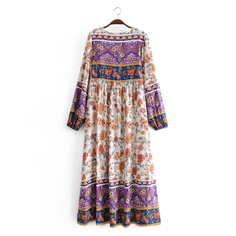 AYUALIN long sleeve beach boho tunic Dress Rayon cotton floral pirnt loose long dresses women vintage autumn robe vestidos