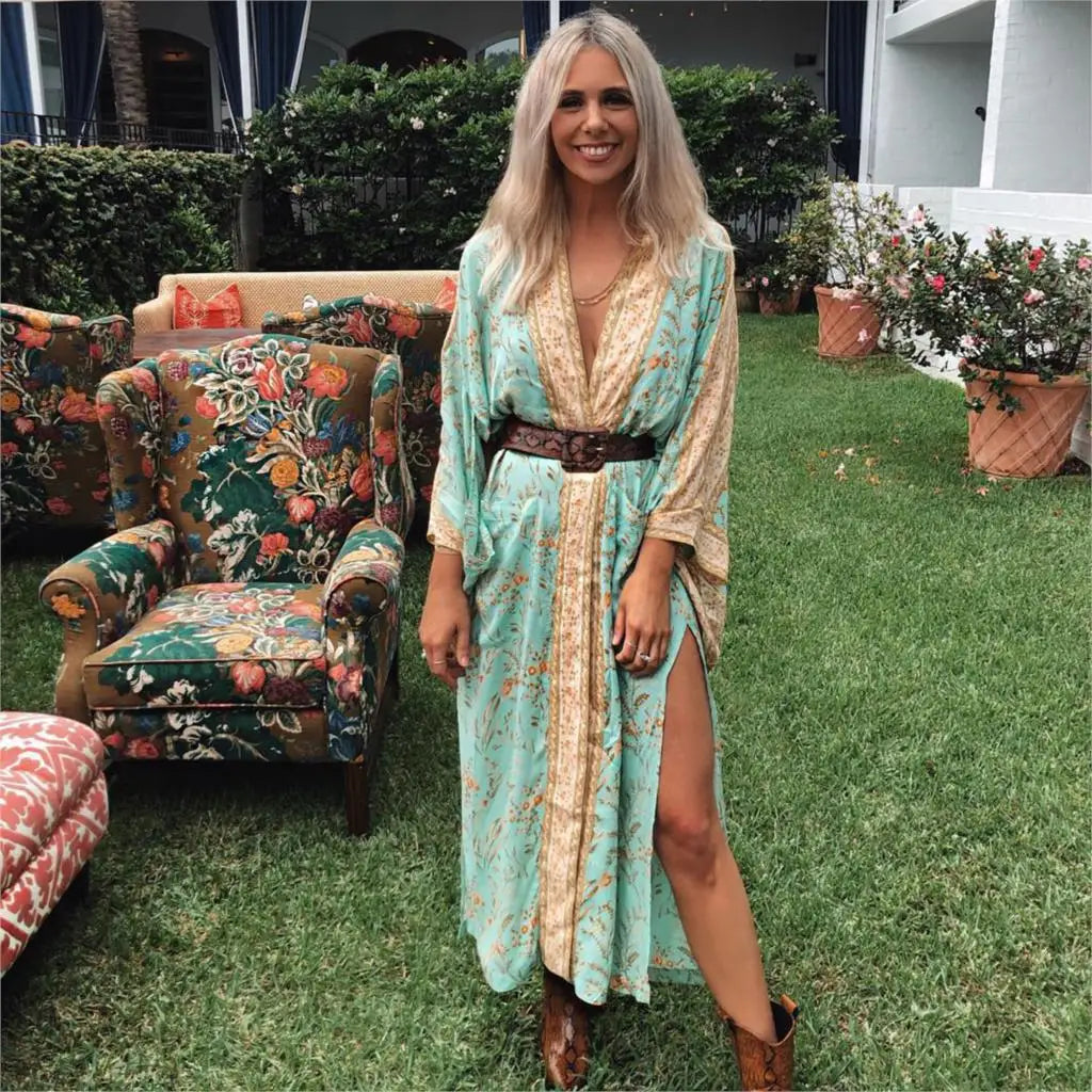AYUALIN Kaftan women dress floral print Kimono long Sleeve Autumn dress Sexy V-neck Loose Belt Cardigan Rayon Dresses boho robe